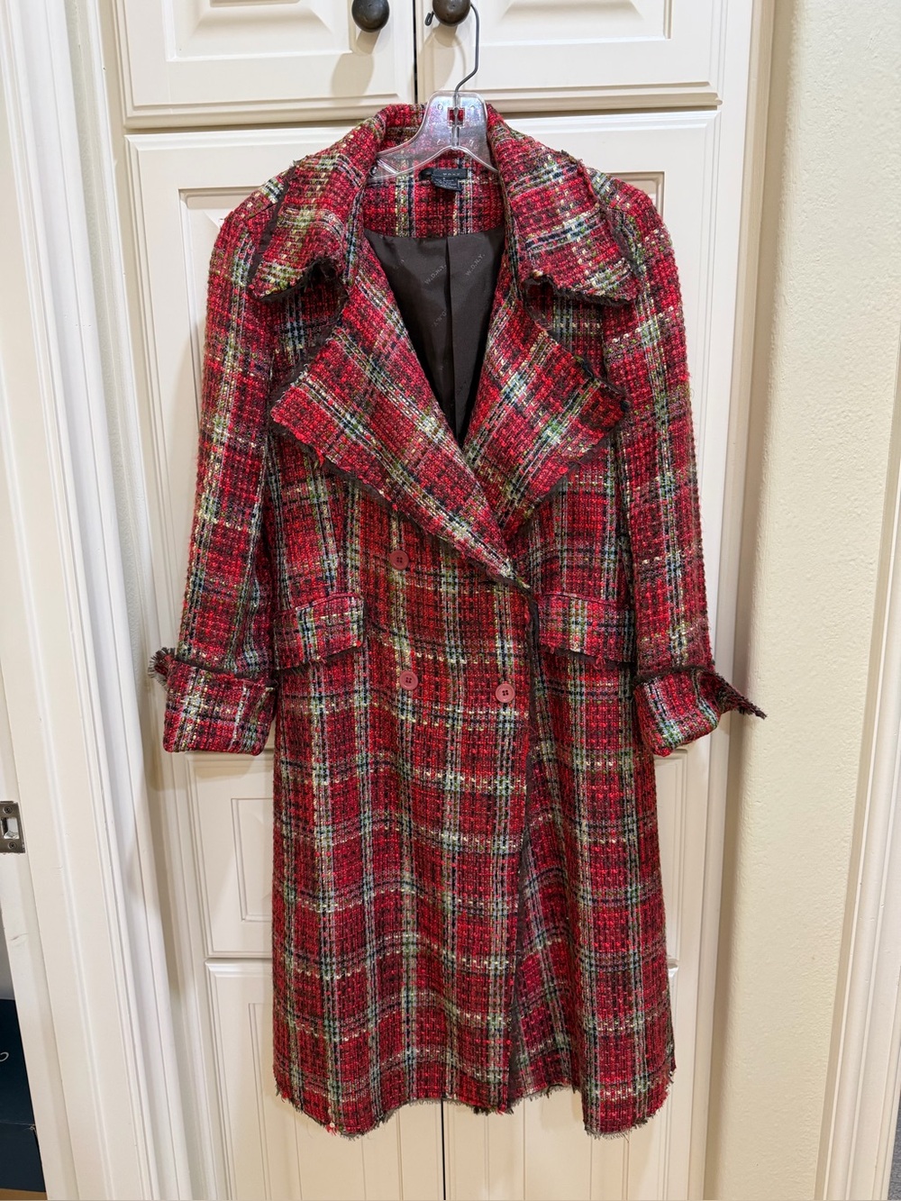 Vintage WD.NY Red Plaid Double-Breasted Tweed Trench Coat